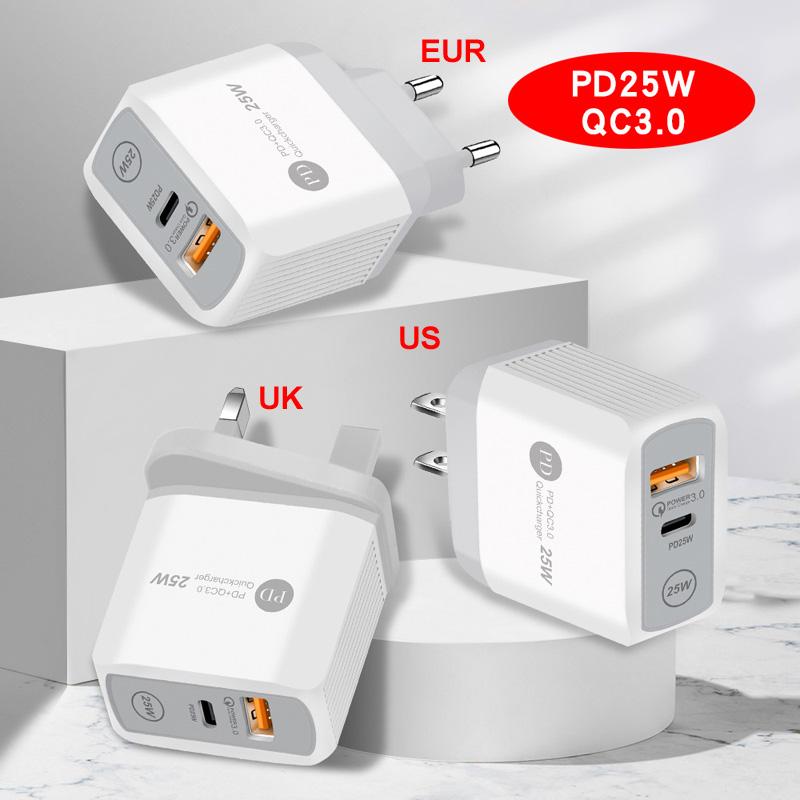 PD 25W 5V/5A 9V/2.8A 12V/2.1A תקע EU/US אור LED 2 יציאות USB מתאם מטען קיר טעינה מהירה QC 3.0 טלפון נייד