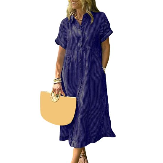 Striped Lapel Button Down Shirt Dress with Pockets Summer Casual Short Sleeve A-line Long