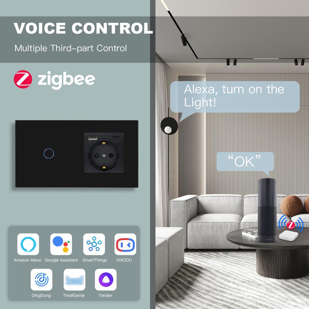 BSEED Zigbee 1/2/3Gang Wall Touch Switches With Normal EU Socket USB Type-C Ports Tuya Smart Life App Ccontrol Glass Panel