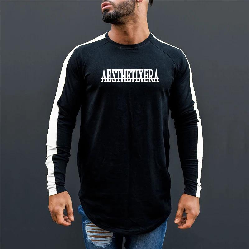 Мужская хлопковая тренировочная одежда Muscleguys для фитнеса осенние спортивные футболки с длинными рукавами и графическим принтом с буквенным принтом M черный белый 1214₽