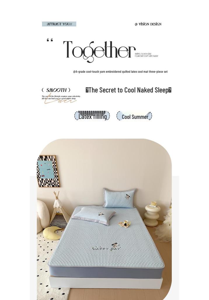 Class A Summer Cooling Cartoon Ice Silk Quilted 3-Piece Mat Set with Fitted Sheet