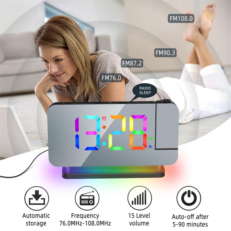 FM Radio 180° Projection Alarm Clock RGB With RGB Night Light 6 Levels Brightness Dual USB Output Port 12H/24H Digital LED Clock