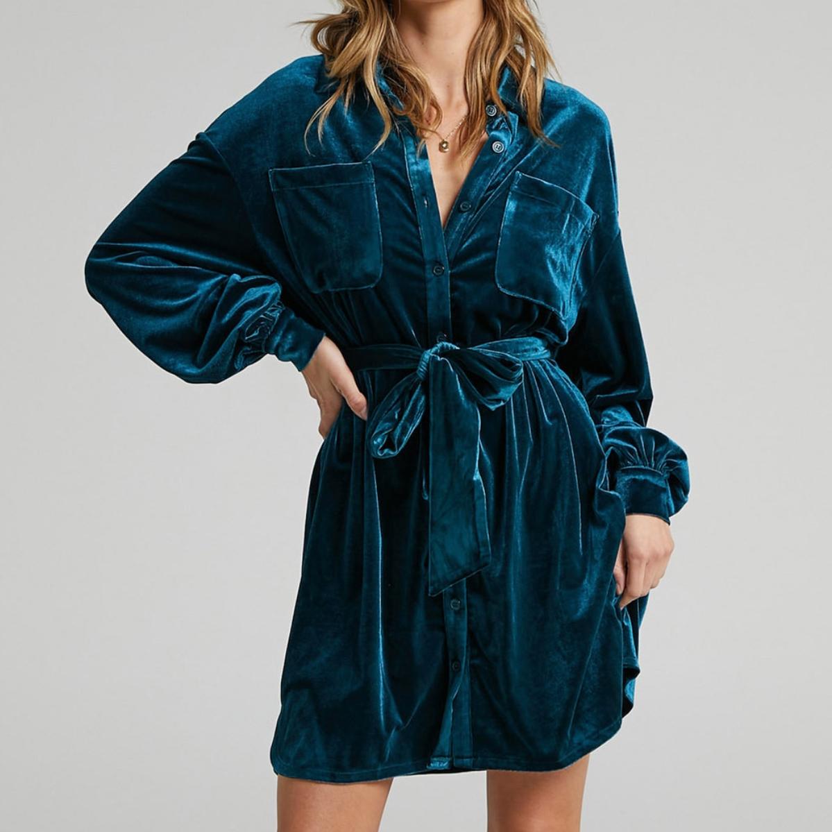 

GMXIA Осень-зима Однотонный принт с длинным рукавом и воротником-поло Длинная рубашка Женское платье-канарейка XL морская волна