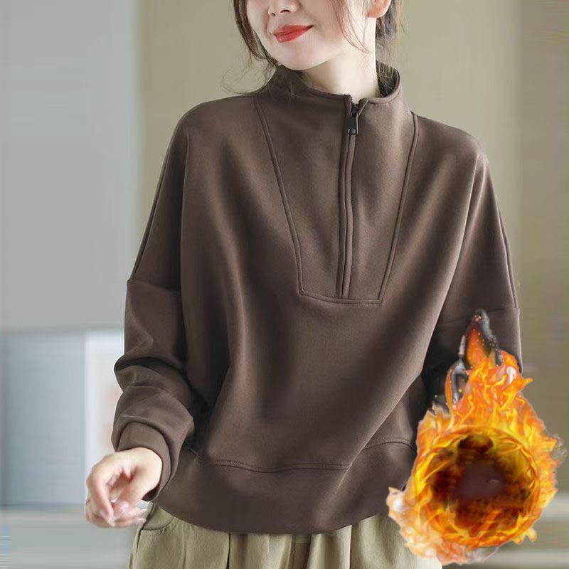 

Женская толстовка с воротником-стойкой и молнией до середины груди для осени и зимы, стильная верхняя одежда, пуловер, повседневный топ, свободного кроя, женская одежда M кофейный