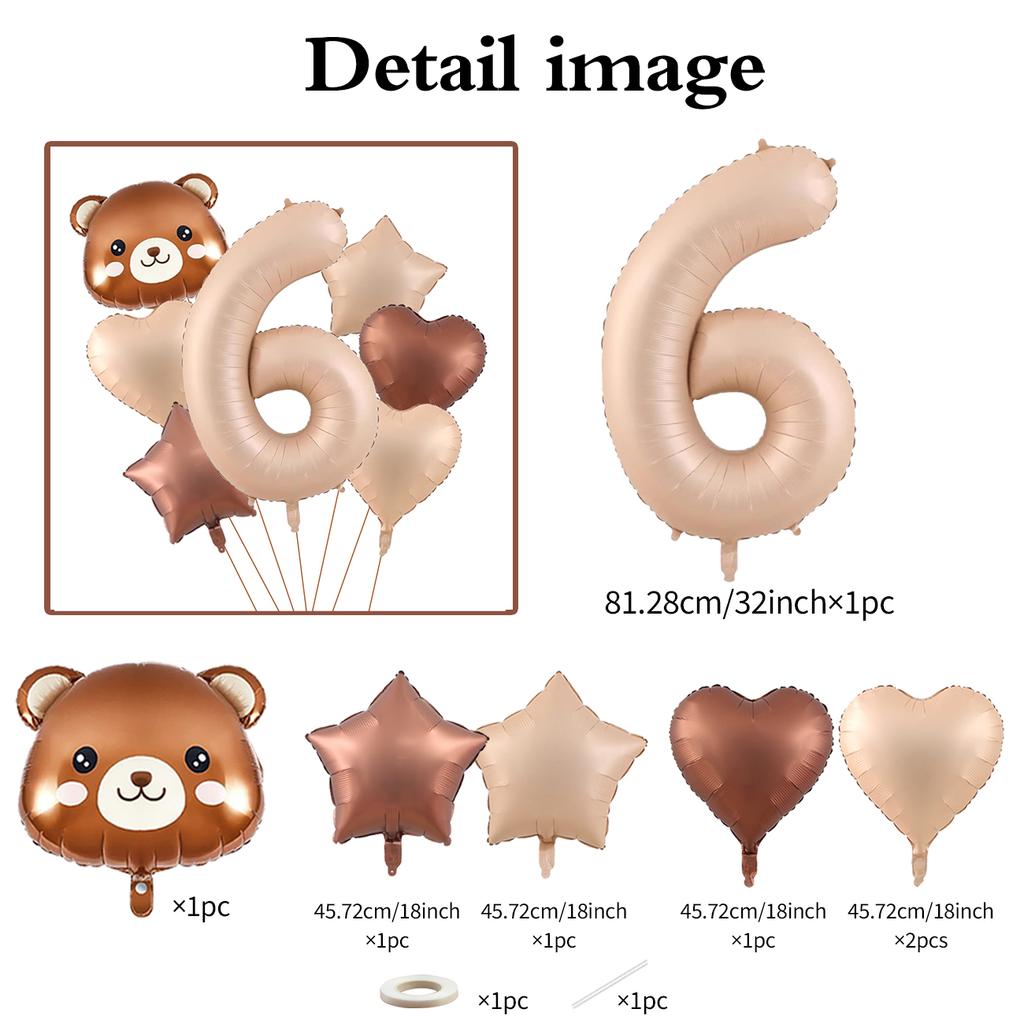 7pcs Cute Bear Balloon Set with 32 Inch Caramel Digital Aluminum Foil Balloon for Birthday Party Decoration Baby Shower Supplies
