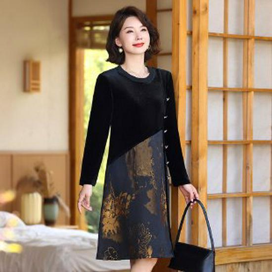 

2026 Elegant Long-Sleeved Dress for Middle-Aged & Elderly Women: Spring & Autumn Chic Mid-Length Skirt Fashion 3XL чёрный