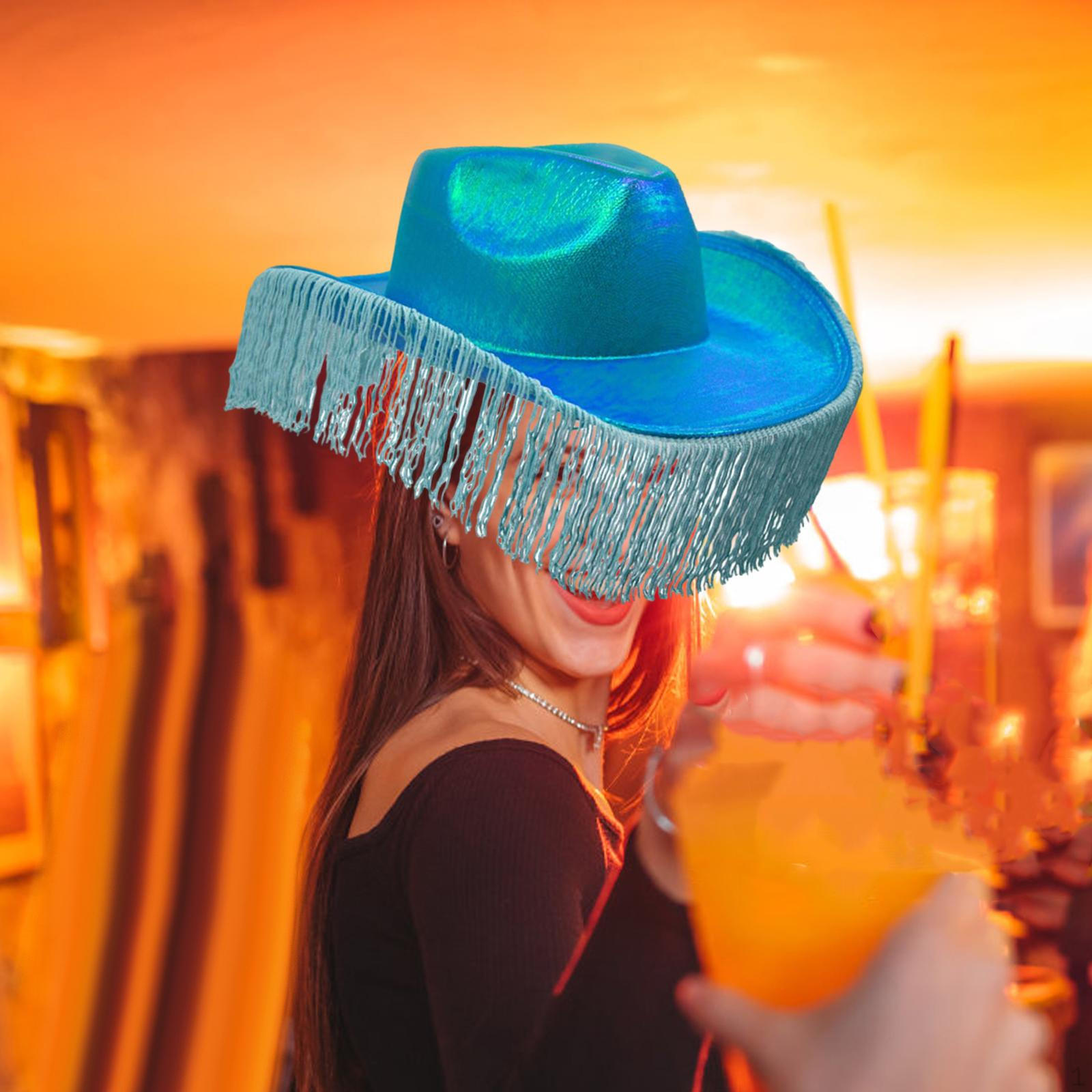 

Cowboy Hat Western Cowgirl Dress up Sparkly Glitter Costume Headgear Holographic Rave Tassel синій