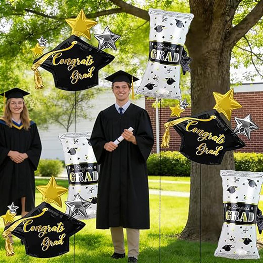 Black Gold Graduation Balloons Set, 6Pcs Aluminum Foil Balloons with Grad Cap & Diploma Designs, Graduation Party Supplies for a