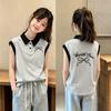 Korean Style Girls' Cotton Polo Lapel Sleeveless Vest for Ages 6-12 - Summer Loose Fit Patchwork T-shirt