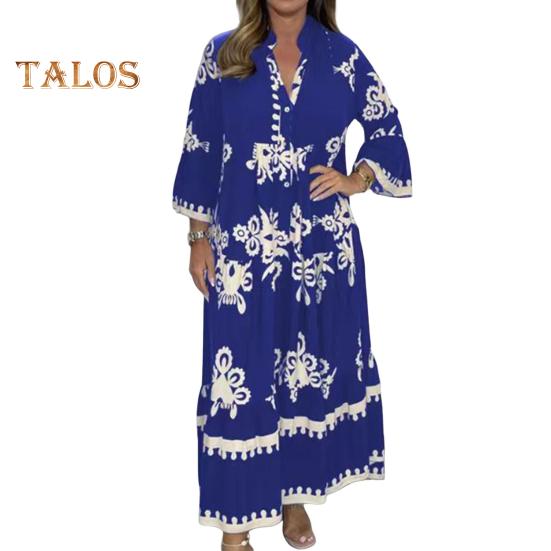 Herbst-Frühlingskleid, Stehkragen, lange Ärmel, farblich passender Druck, plissiertes Patchwork, A-Linie, lockerer Saum, Knöchellänge, Dating, Alltagskleidung, Maxikleid