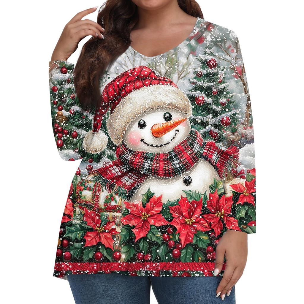 Women's Fashionable Casual Long Sleeved Plus Size  Print Top Plus Size Floral Print Top