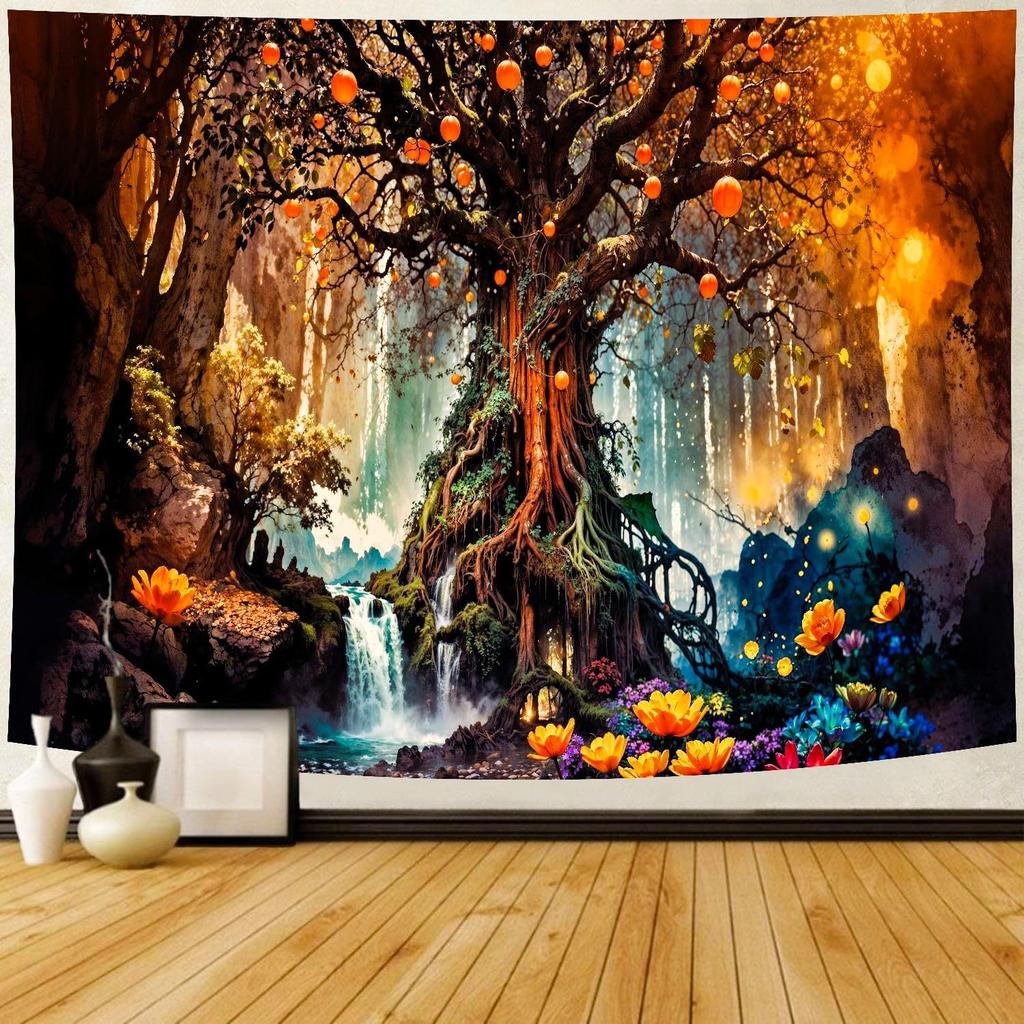 Colorful Autumn Forest Tapestry Waterfall and Orange Trees Scene Water Resistant Fabric Seasonal Nature Theme Wall Hanging