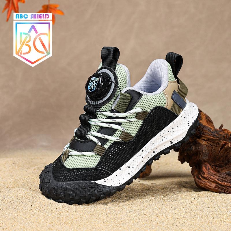 ABC Boys Closed Toe Mesh & Leather Sneakers, All-Season, Anti-Kick, Velvet Lined, Buttoned Sports Running Shoes. 28 Insole/177mm