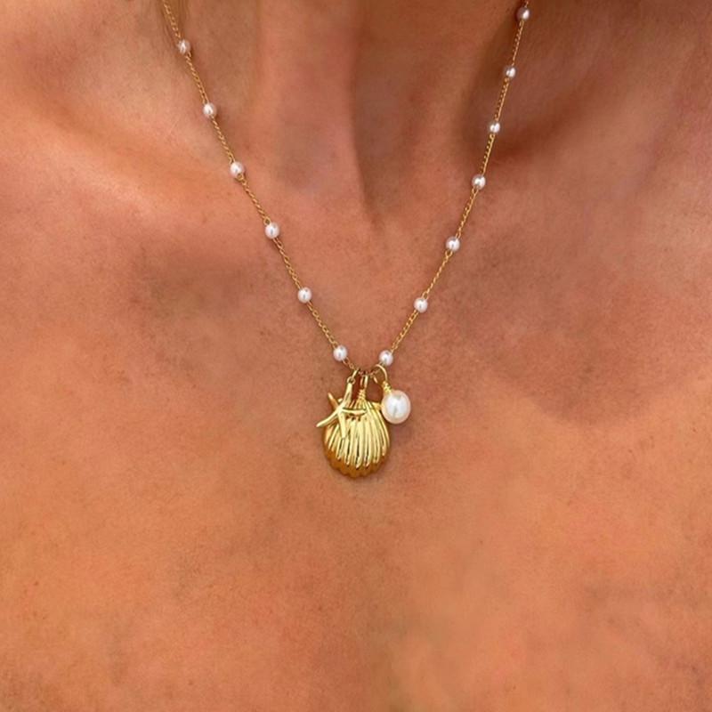 Ocean Style Starfish & Shell Pendant Necklace with Faux Pearls