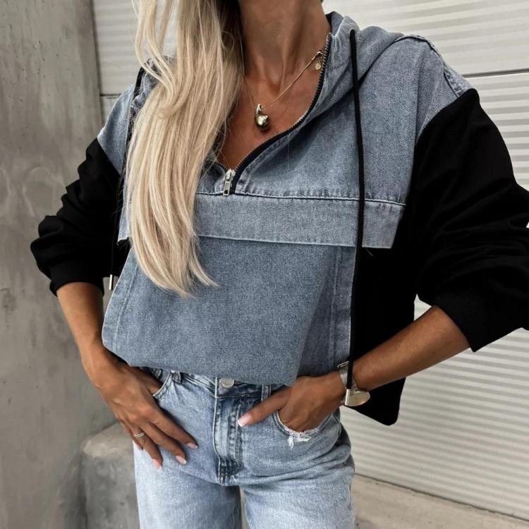 Women Autumn Long Sleeve Denim Hoodies Pullovers Stitching Sweatshirts Tops for Ladies