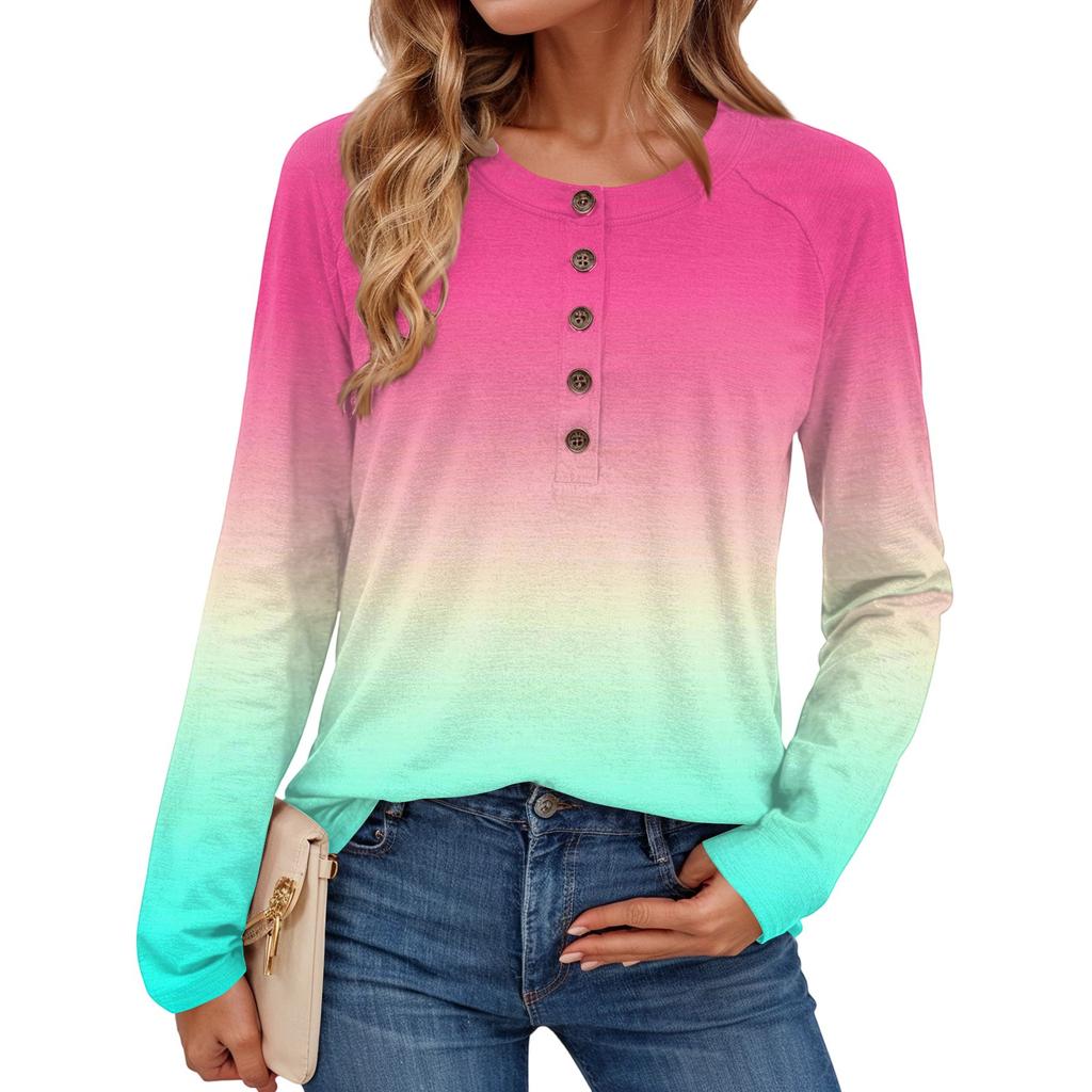 Women's Fashionable Gradient Print Round Neck Long-sleeved Top