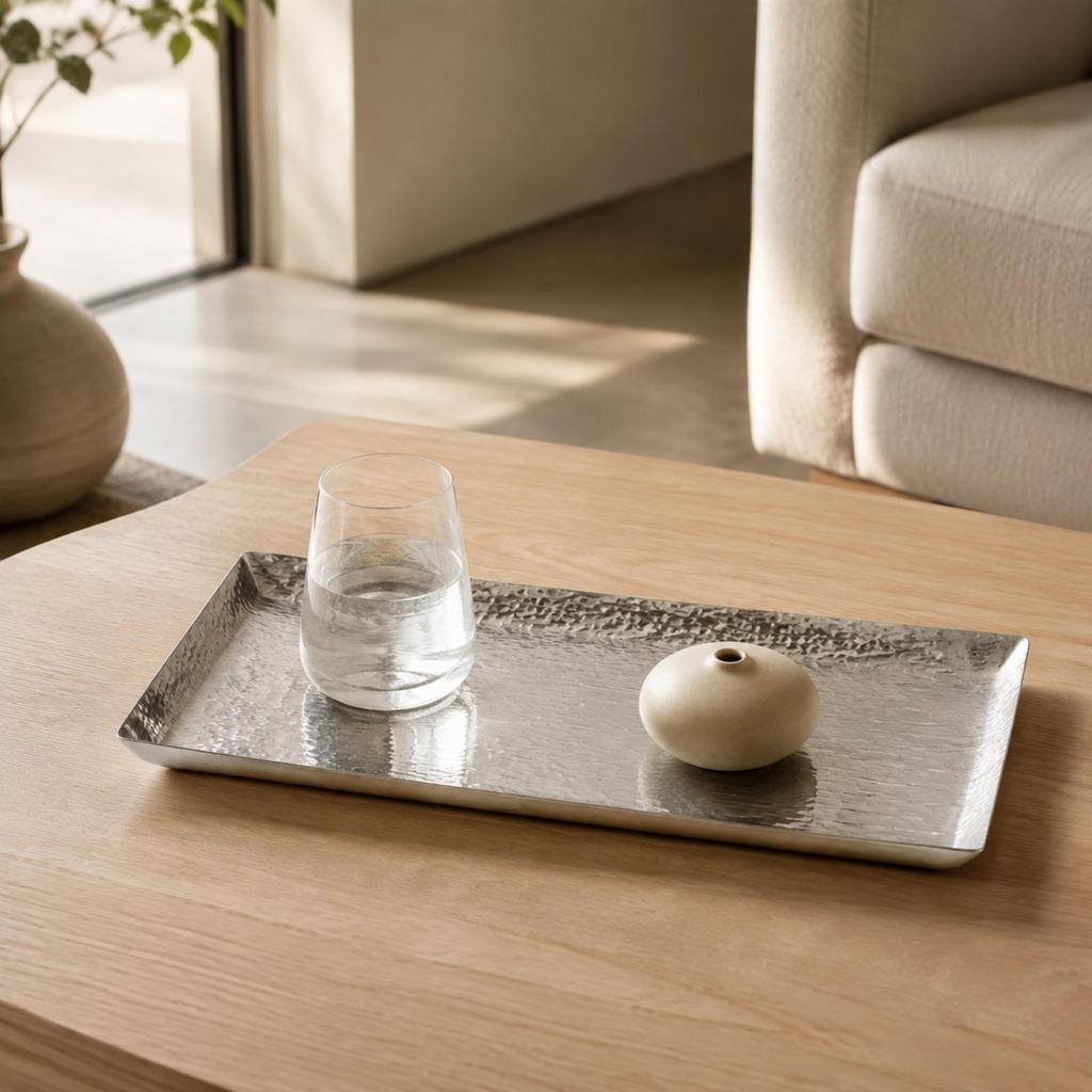 Hammered Rectangular Tray Low-Height Metal Silver-Tone for Dresser