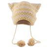 Knit Striped 3D Cat Ear Hat Elastic Windproof Hat with Pom Pom Decor Ear Protector Hat Winter Cycling Skiing Hat