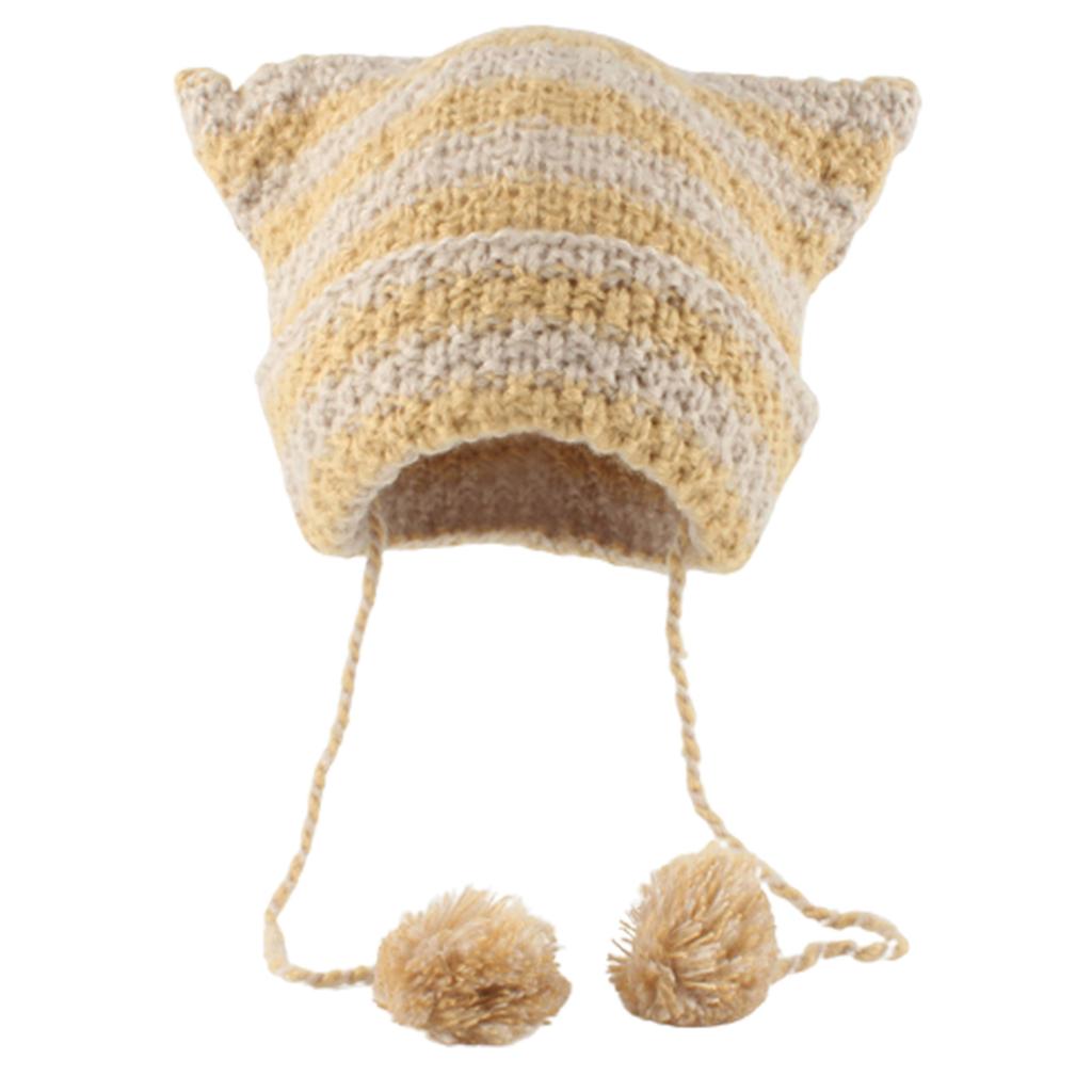 Knit Striped 3D Cat Ear Hat Elastic Windproof Hat with Pom Pom Decor Ear Protector Hat Winter Cycling Skiing Hat