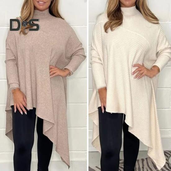 Damen-Oberteile mit hohem Kragen, langen Ärmeln, einfarbig, unregelmäßiger Saum, Pullover-Oberteile, lockere Passform, gerippte T-Shirts für den Alltag