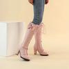 Fashion Winter Sweet Women Knee High Boots PU Leather Round Toe 7cm High Block Heels Bowtie Lace-up Lolita Lady Zipper Long Riding Boots
