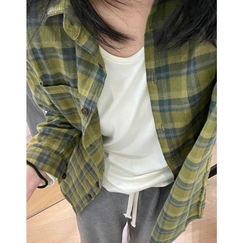 Women's Spring and Autumn Plaid Shirt Lapel Long-sleeved Loose Casual Single-breasted Top
