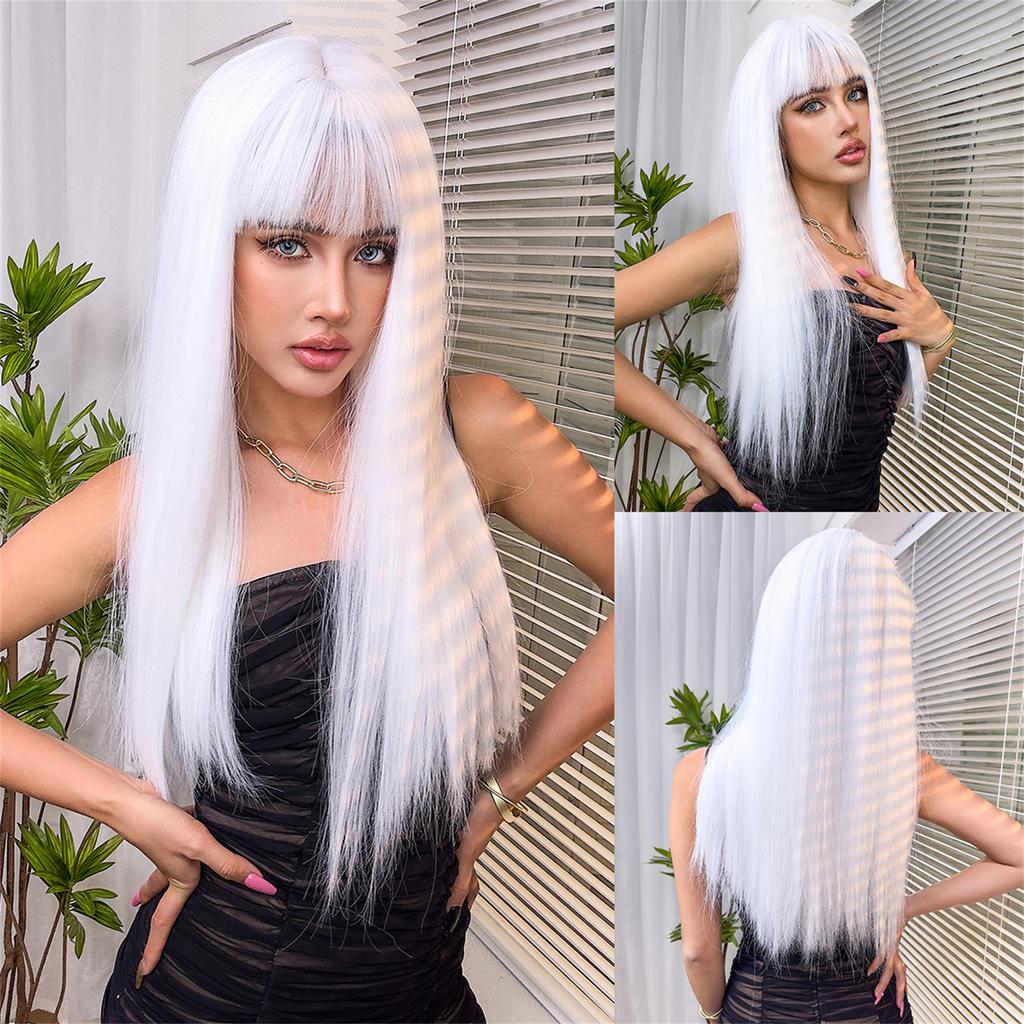 European and American Style Women Long Straight Wig with Blunt Bangs Front Lace Heat Resistant Synthetic Fiber Ombre Gray Wigs