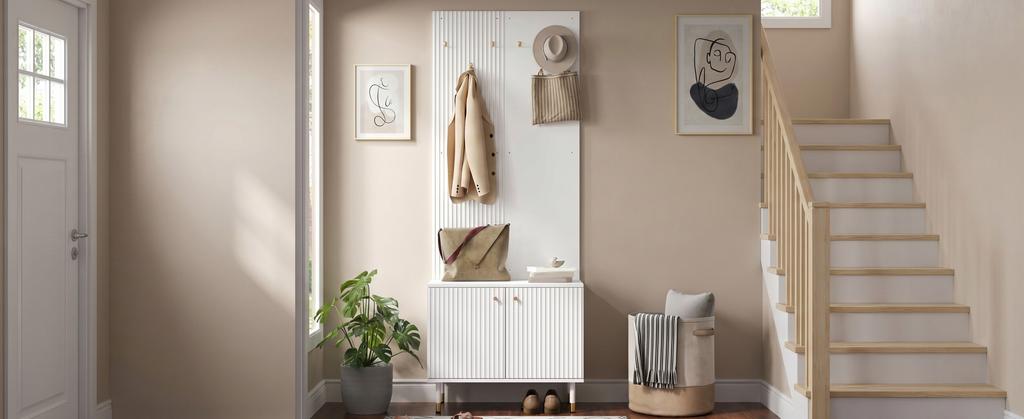 Wardrobe Cabinet, Clothes Shelf, Shoe Cabinet, Hallway Combination Cabinet, PB+MDF Cabinet, Coat Rack Wall with Hooks, Cylindrical Metal Feet