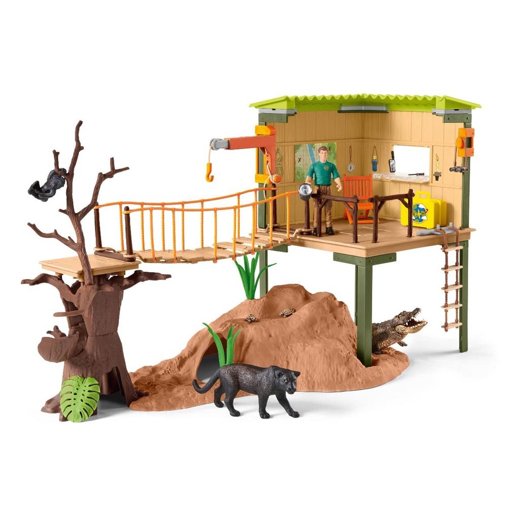 Schleich Wild Life Jungle Base Camp 42507 (Figure Playset with Rope Bridge for Imaginative Play)