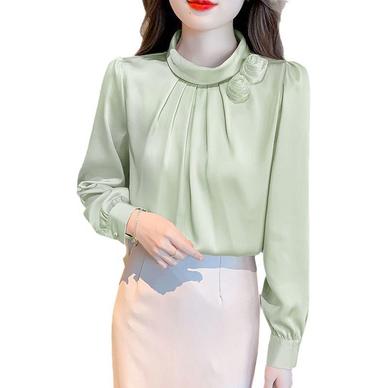 Women's Slim Fit Satin Stand Collar Shirt - Spring/Autumn Casual Long Sleeve Solid Color.