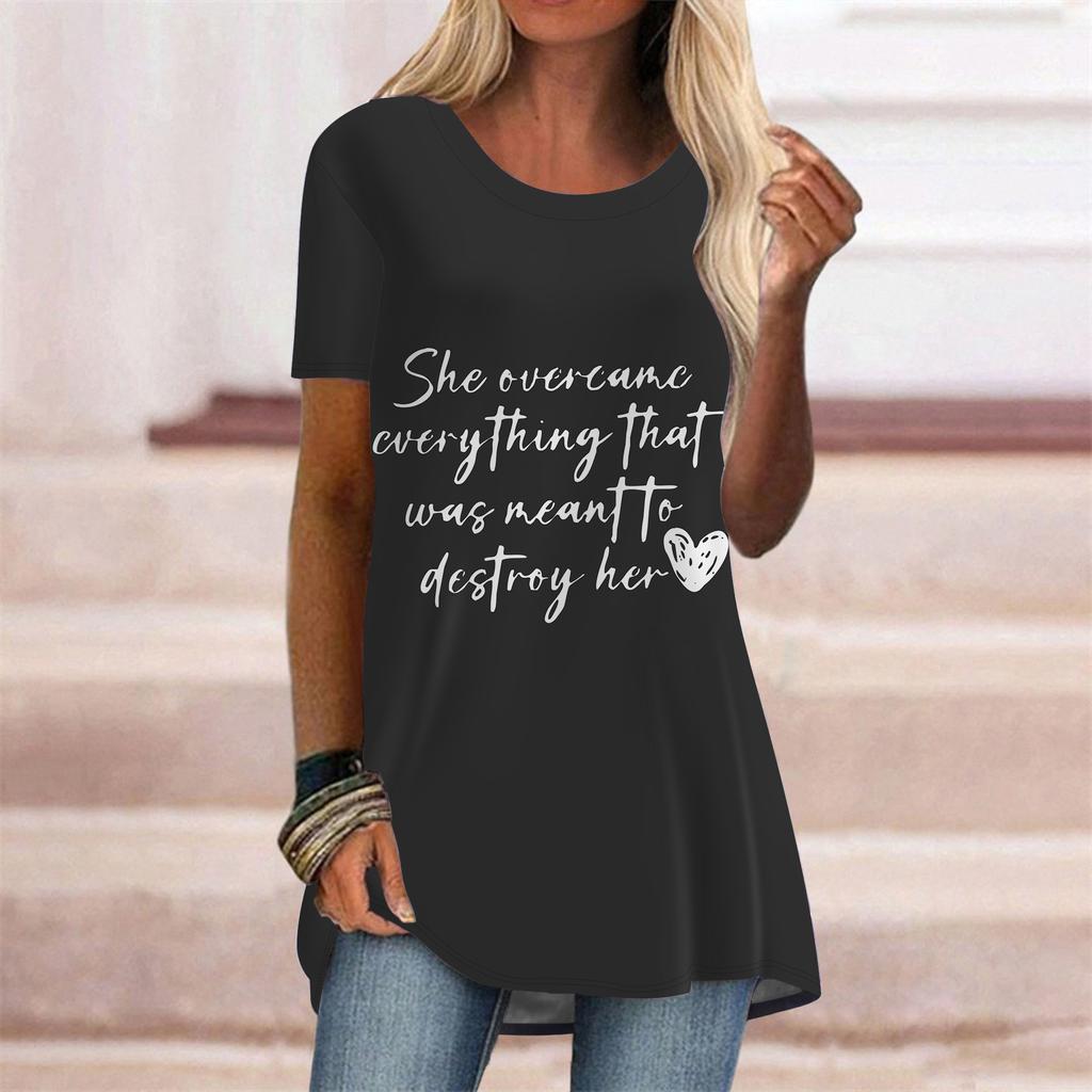 Plus Size Women Summer Gray Heart Letter Printed Comfy Short Sleeve Round Collar T-shirt Casual Baggy Mid Length Tee Tops