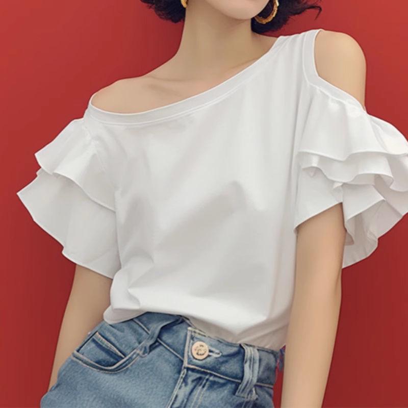

Women s Exquisite French Off-Shoulder Ruffle Cotton Top M Recommended (80-100 lbs)