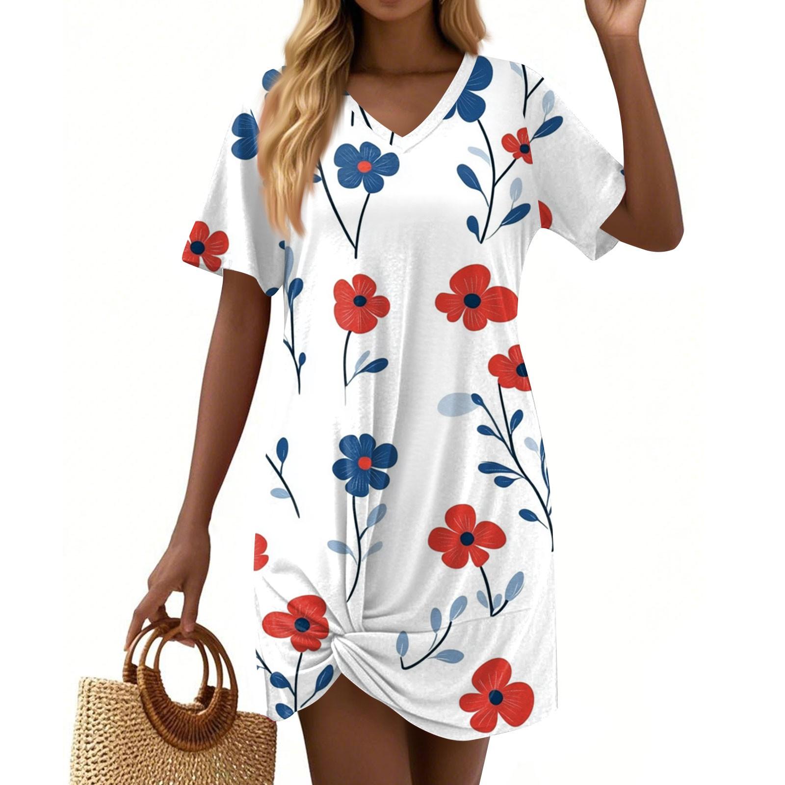 

Women s Summer Casual Floral Printed Hem Knotted Short Sleeve Dresses L білий