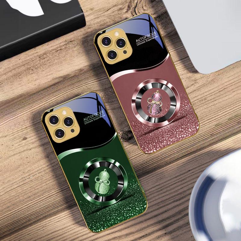 Goldene Glückskürbis Hülle für iPhone 16 16Pro Max 15 Pro 14 13 Plus 12 Mini 11Pro Max XS Max XR Goldene gehärtete Glas Handyhülle