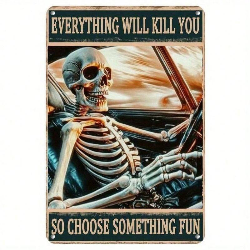 Vintage Garage Skeleton Racing Skull Metal Wall Poster, Gift for Man
