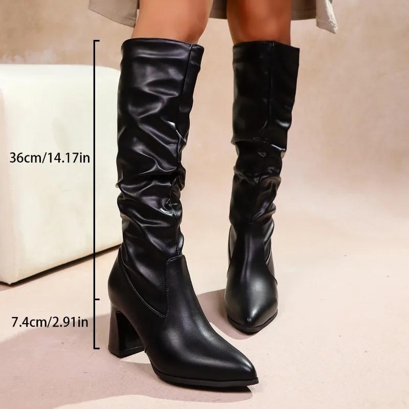 Moda Europeia e Americana Bico Fino Salto Bloco Botas Longas até a Coxa Salto Super Alto Manga Botas Altas para Mulheres