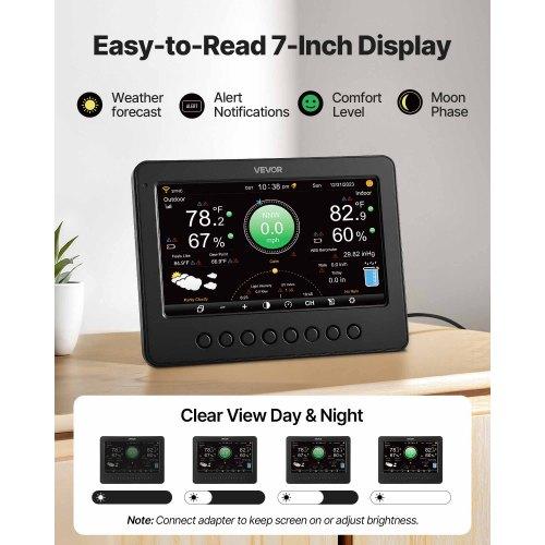 VEVOR 7-in-1 Wi-Fi Weather Station, 177.8 Mm TFT Display, Wireless Solar Powered Outdoor Sensor, Rain Gauge, Indoor Outdoor for Weather Forecast