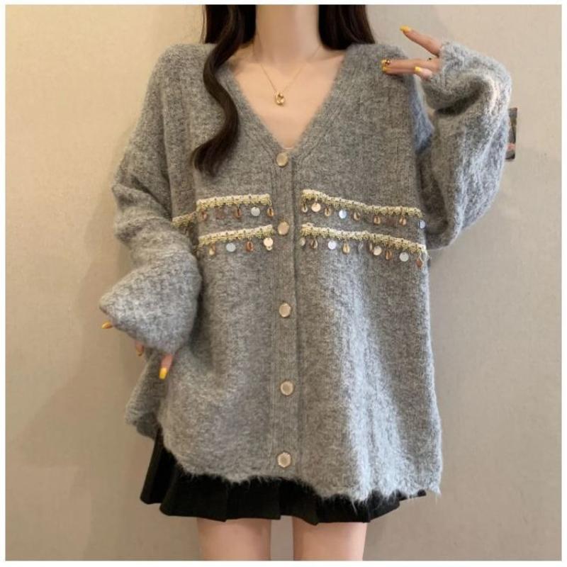 Women Sequin Decorated Solid Color Sweater Lazy Style Loose Fitting V-neck Knitted Sweaters Autumn Fashion Versatile LadySingle Breasted Top Coat