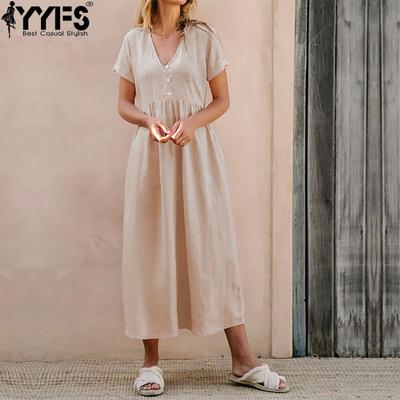 Women's Fashion Summer Spring Solid Color Print Short Sleeve V-Neck Loose Waistline Casual Dresses