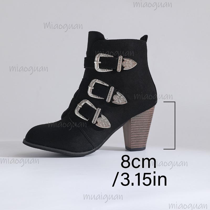 Übergröße 35-43 Damen Gürtelschnalle Stiefeletten Spitze Blockabsatz Reißverschluss Seitlich Modische Booties Braun Herbst Damen Schuhe