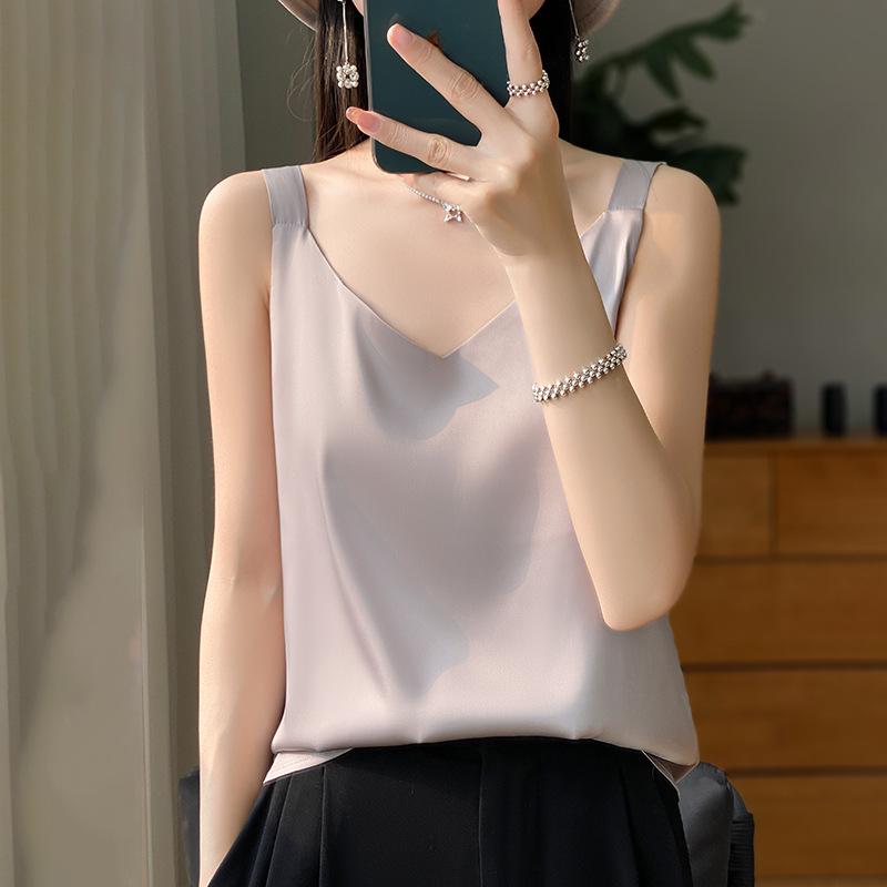 VEZFAA Women's Fashion Casual Solid Color Print Summer Spring Sleeveless V-Neck Blouses & Shirts