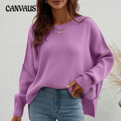 Autumn and Winter Women's Plus Size Fashion Round Neck Knit Loose Split Pullover Sweater