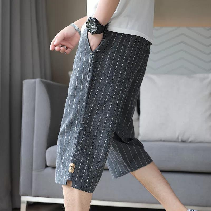 Summer Cotton Hemp Thin Straight Casual Capris Men Print Stripe Elastic Waist Drawstring Pocket Versatile Loose Shorts
