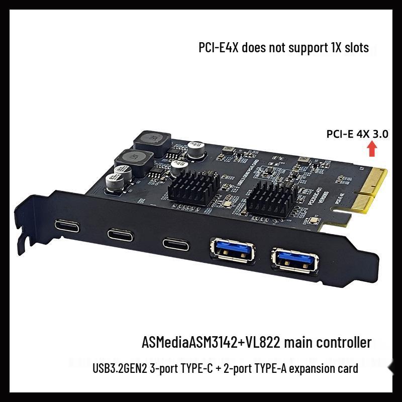 10Gbps USB3.2 PCI-E 4X Expansion Card with Asmedia ASM3142 - 5 Ports, Type-C