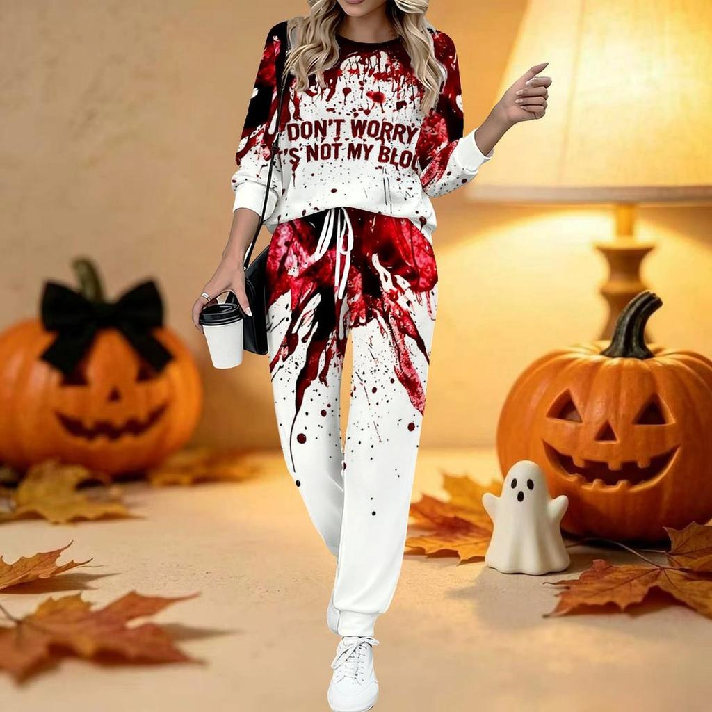 Conjunto de Dos Piezas con Estampado de Halloween para Mujer, Top de Manga Larga con Cuello Redondo y Pantalones Jogger con Cordón, Chándal Casual para Primavera Otoño