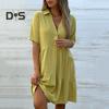 Summer Midi Dress V Neck Patchwork Hem Loose A-line Short Sleeves Pleated Solid Color Knee Length Dress for Beach Dating Parties