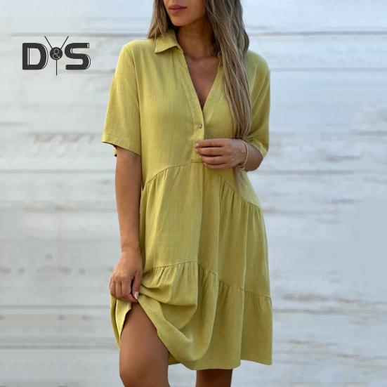 Summer Midi Dress V Neck Patchwork Hem Loose A-line Short Sleeves Pleated Solid Color Knee Length Dress for Beach Dating Parties