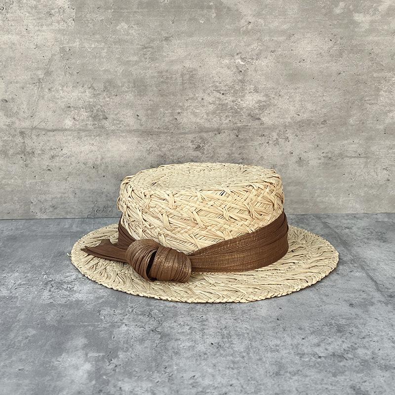 

25 New Light Luxury Hand-Woven Raffia Flat Top Straw Hat Women S Summer Travel Simple Top Hat Fashion Sun Hat M（56-58cm）