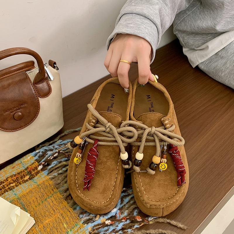 thick-soled beaded Boken shoes women's 2025 new retro versatile lazy one-pedal comfortable casual kangaroo shoes