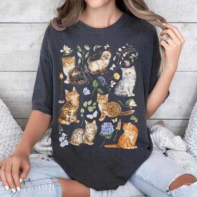Cottagecore Katzen Shirt, Retro Ästhetik Kätzchen Shirt, Wildblumen Blumenkatze